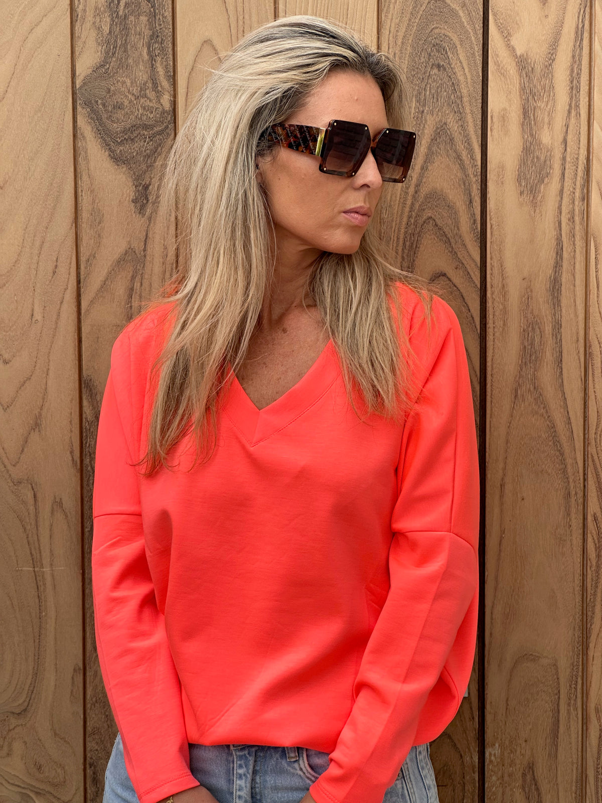 Sweater Pippa V-hals Fluo Pastèque